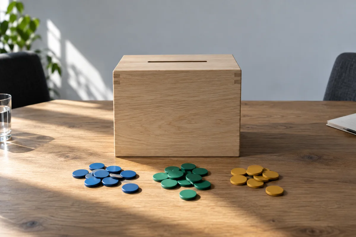 Urne en bois clair posée sur une table de réunion, jetons de couleur unie répartis devant, lumière naturelle latérale