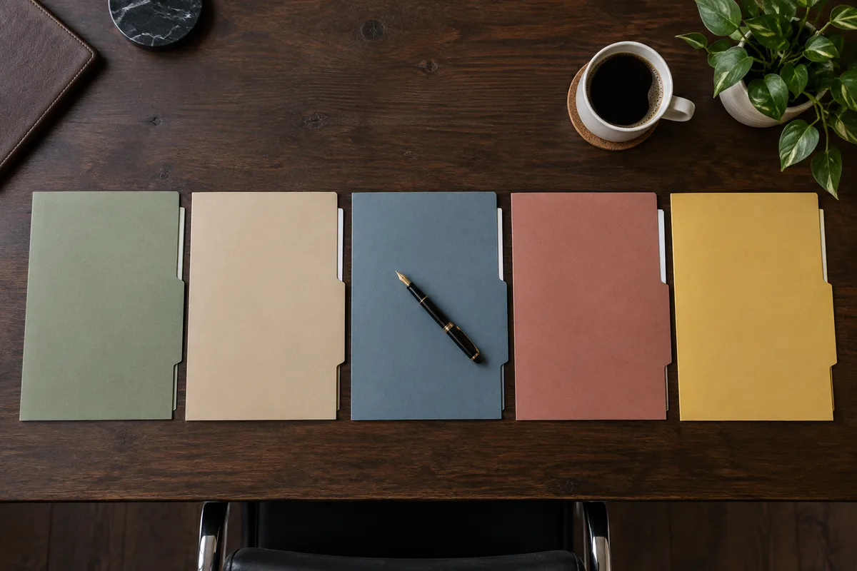 Table de réunion vue de dessus avec cinq chemises cartonnées unies alignées et un stylo posé en travers