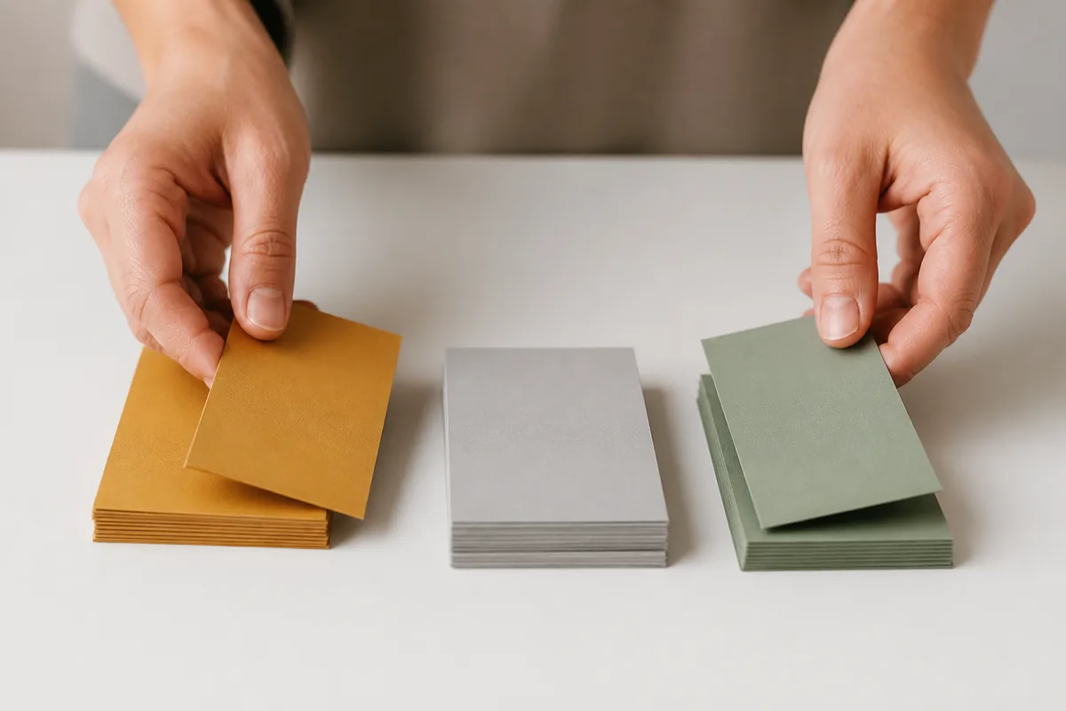Mains triant des fiches cartonnées de couleurs unies en trois piles distinctes sur une table blanche, faible profondeur de champ