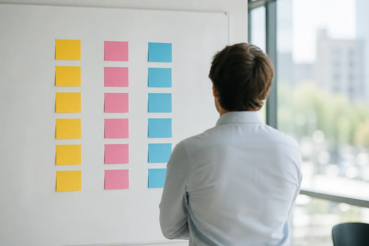 Silhouette de dos devant un tableau blanc couvert de rectangles de papier repositionnable jaunes et roses, salle de réunion lumineuse, mise au point sur les papiers