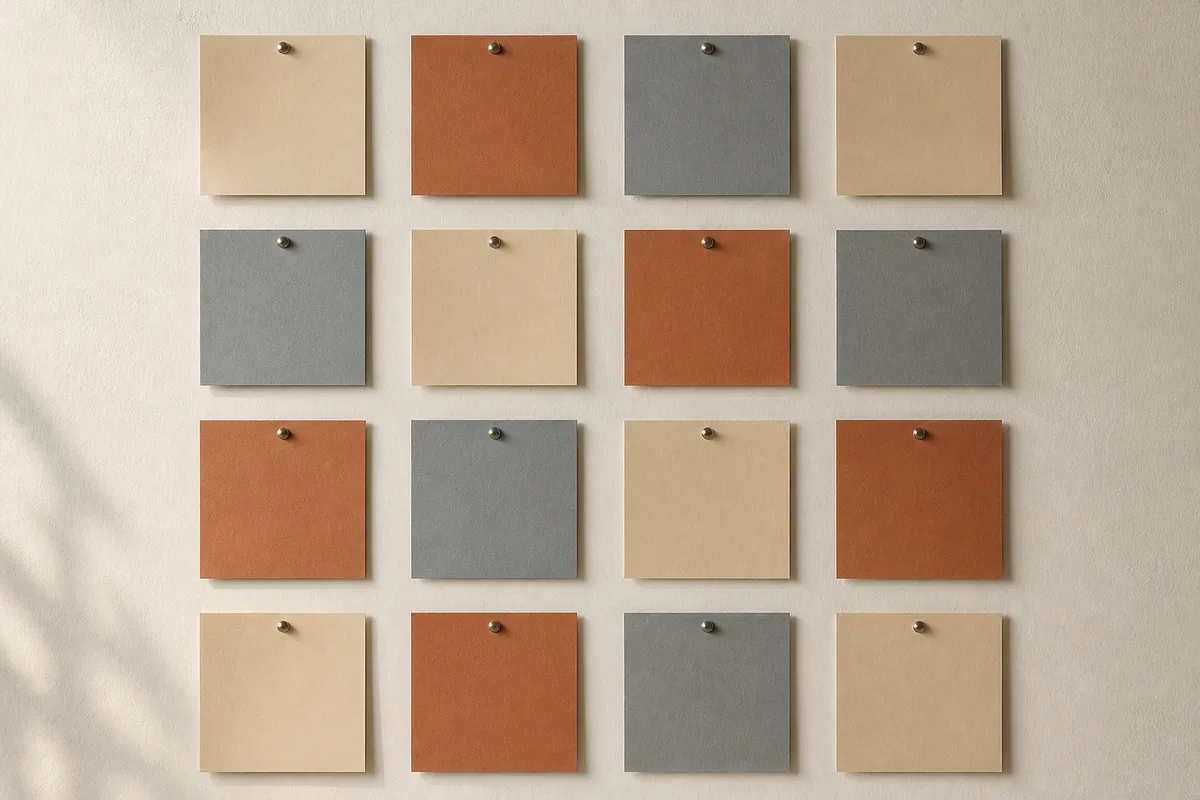 Mur clair portant une grille de carrés de papier de couleurs unies disposés en quatre colonnes, punaises métalliques, lumière latérale douce