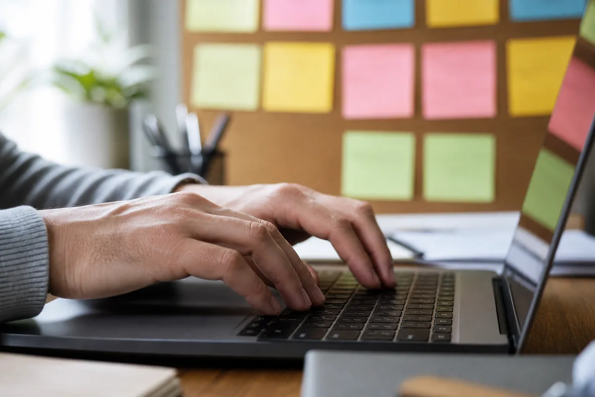 Gros plan sur des mains tapant sur un clavier d’ordinateur portable, calendrier éditorial en post-it flous accroché sur un tableau en liège à l’arrière-plan