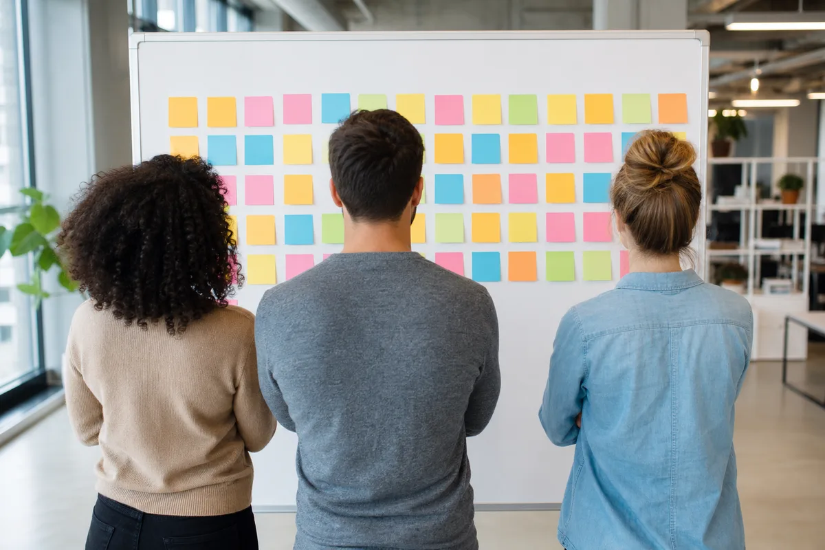 Petite équipe marketing vue de dos devant un tableau blanc couvert de post-it colorés représentant un calendrier de publication, bureau open-space lumineux