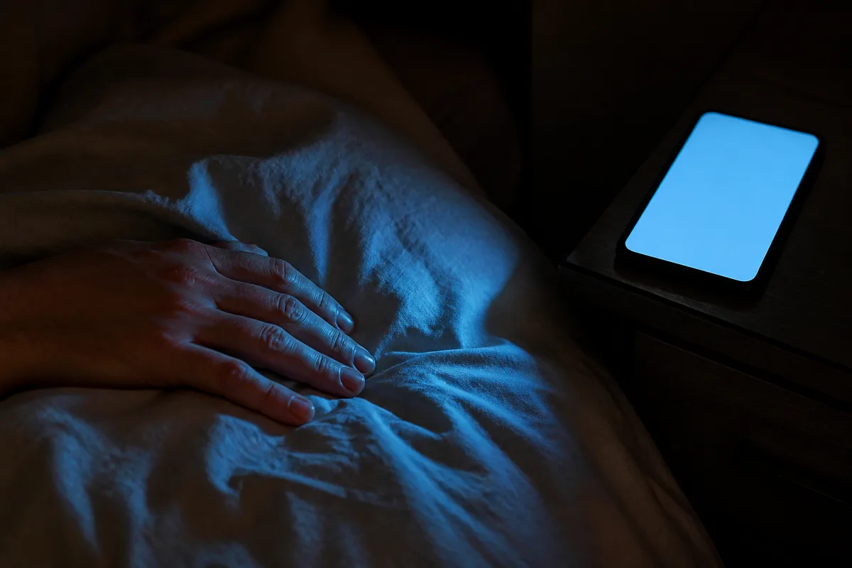 Chambre en pénombre, main adulte posée sur un drap froissé près d&rsquo;une table de chevet, écran de téléphone diffusant un aplat de lumière bleutée