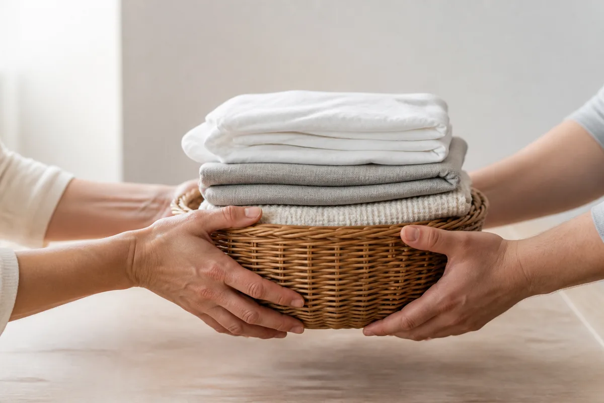 Deux paires de mains adultes se passant un panier de linge plié au-dessus d&rsquo;une table en bois clair, lumière naturelle latérale