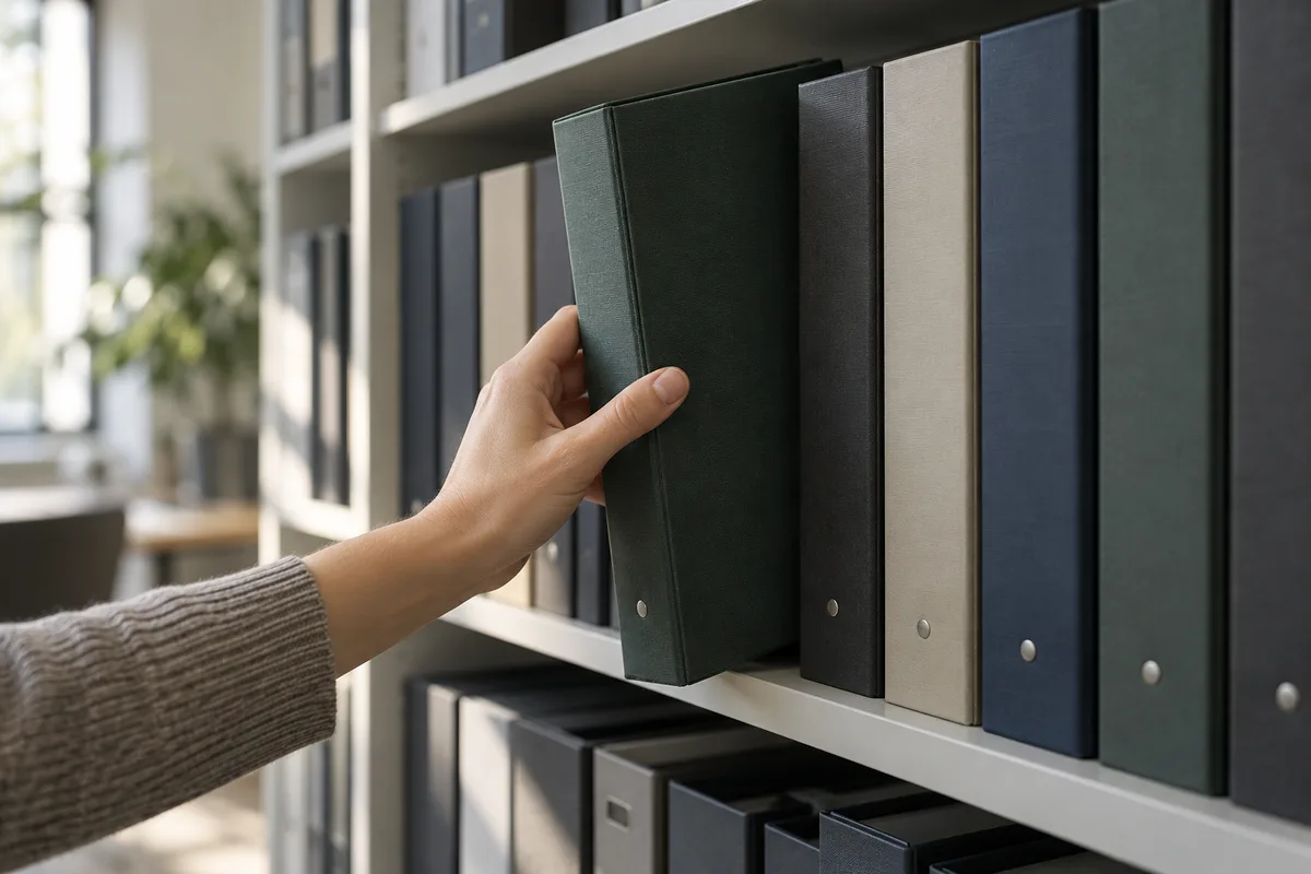Main tirant un classeur à dos uni d&rsquo;un rayonnage de bibliothèque
