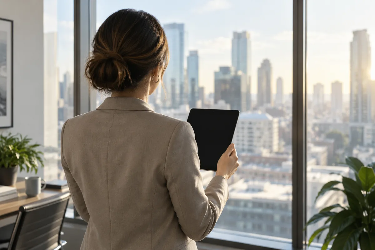 Personne de dos devant la fenêtre d&rsquo;un bureau, tablette éteinte à la main