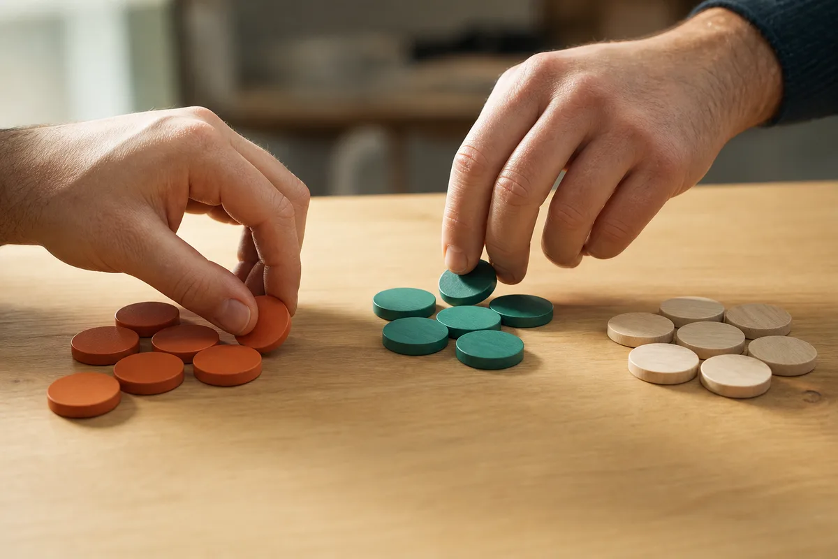 Mains cadrées de près triant des jetons de bois colorés en trois groupes distincts sur une table claire, faible profondeur de champ