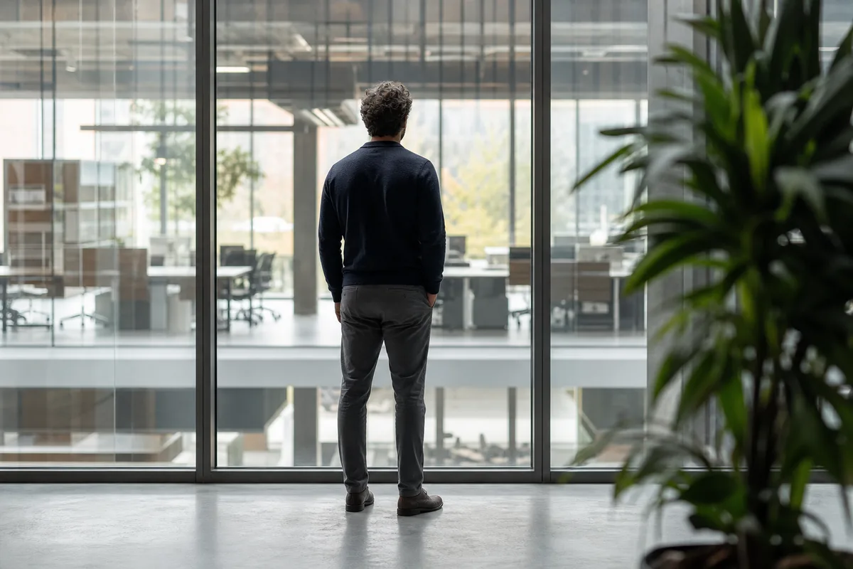 Personne vue de dos debout devant une baie vitrée de bureau, silhouette à contre-jour, plante verte au premier plan, open-space lumineux et flou