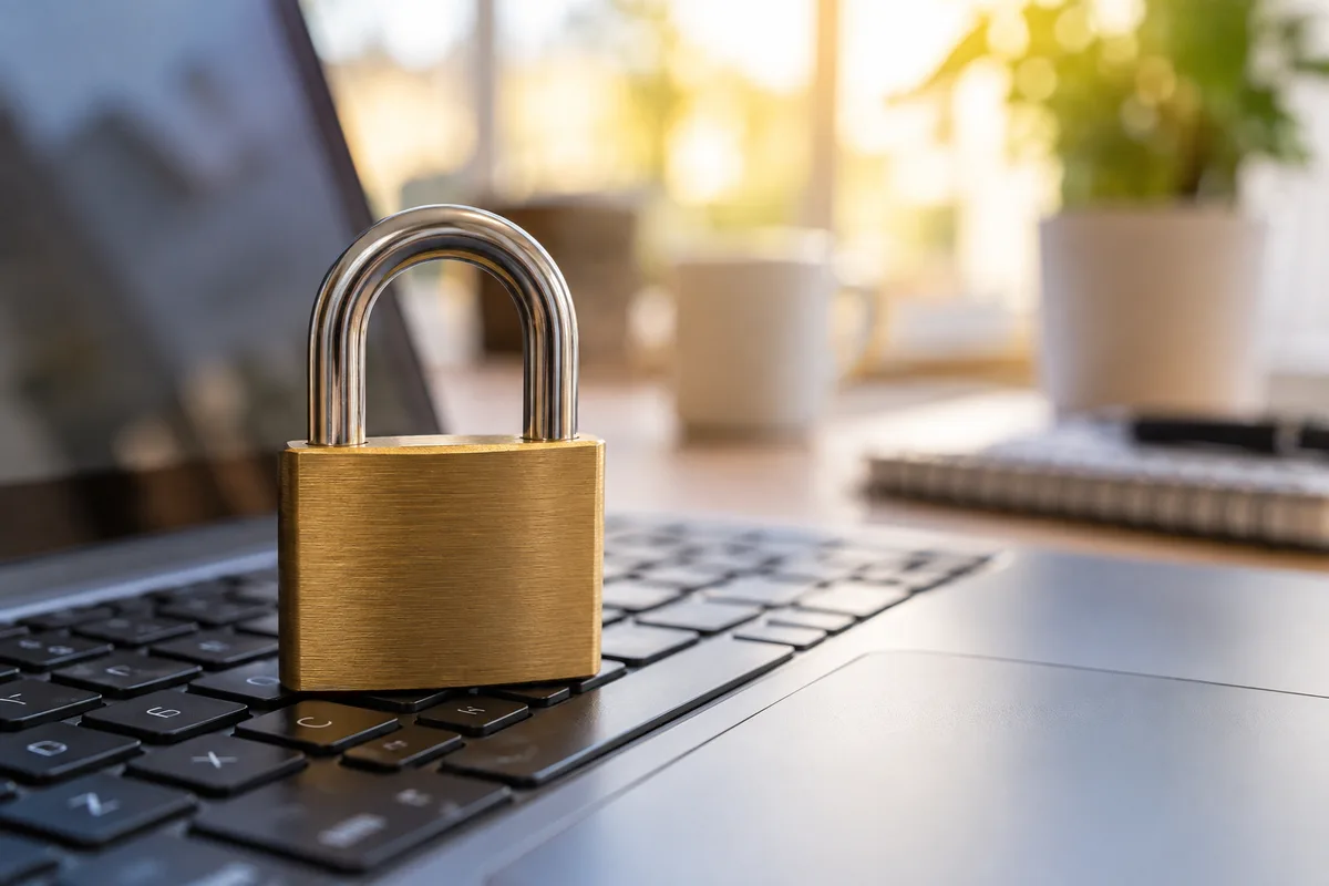 Cadenas en laiton fermé posé sur un clavier d&rsquo;ordinateur portable dans un bureau lumineux
