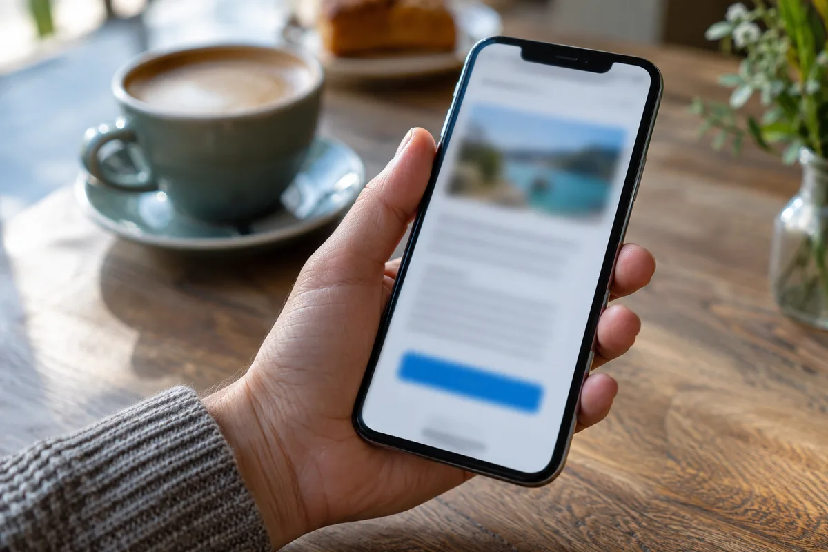 Écran de smartphone affichant une page de paiement floue tenu au-dessus d&rsquo;une table de café