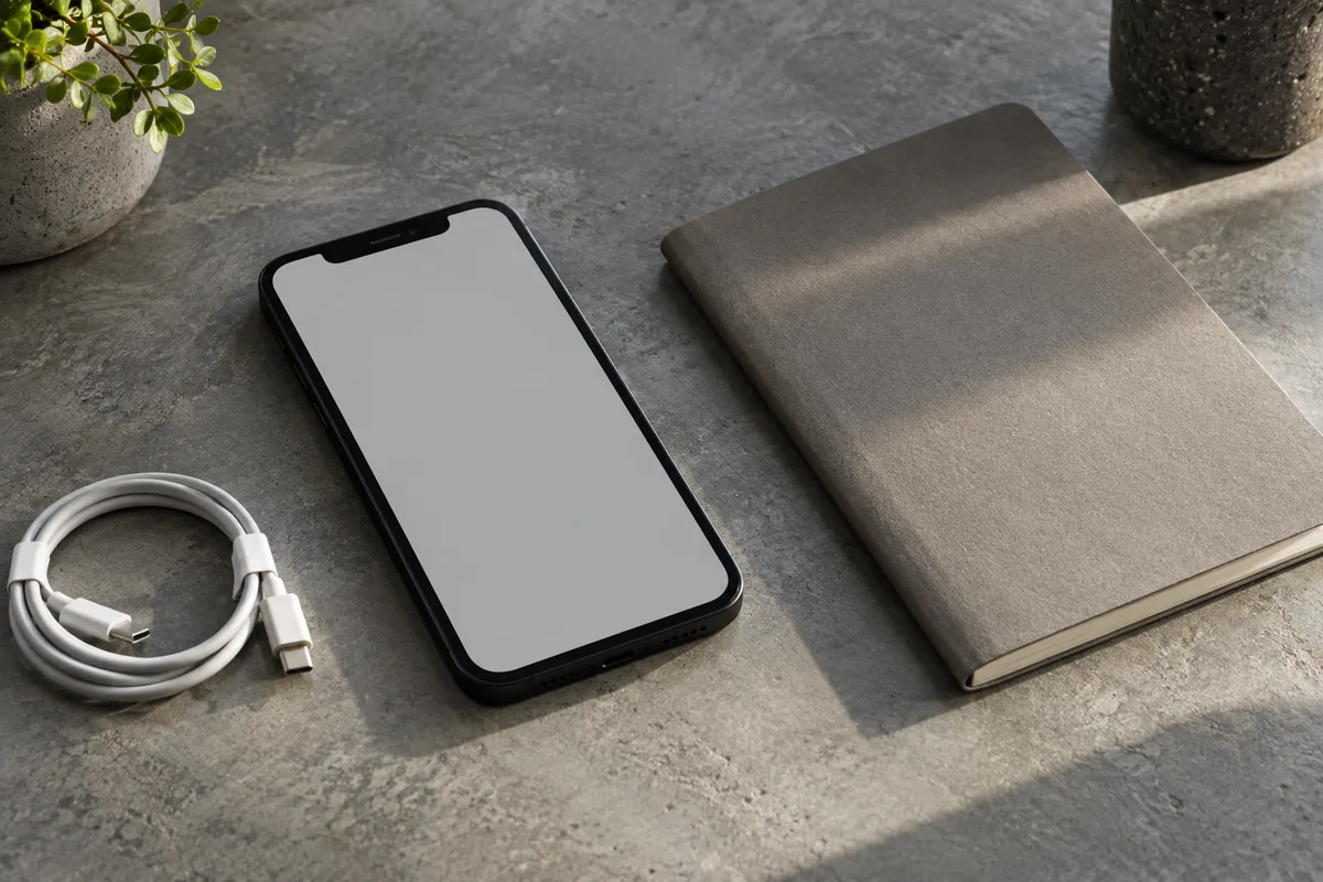 Smartphone à écran uni posé sur un plan de travail en béton, à côté d’un carnet fermé