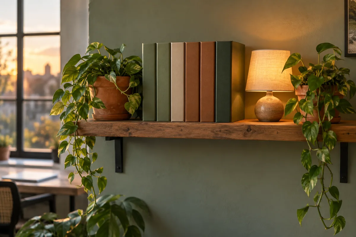Étagère de bureau avec plantes vertes, classeurs fermés et lampe allumée, fenêtre floue derrière