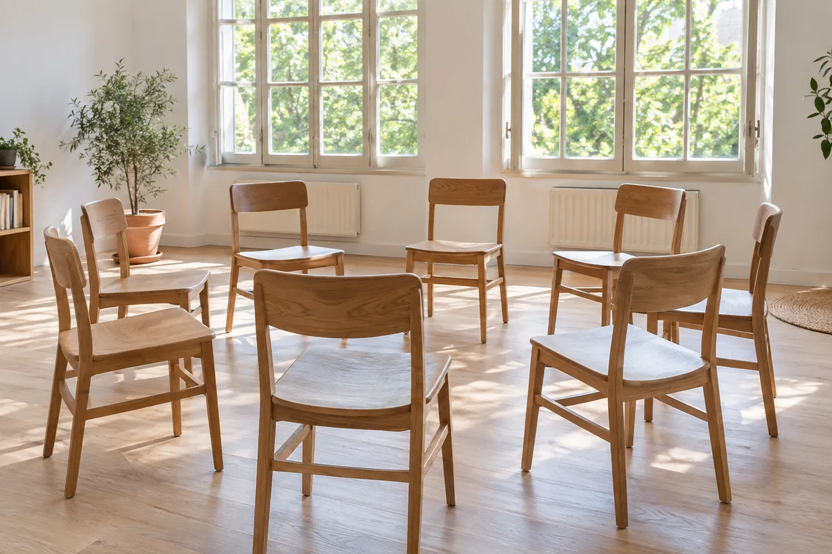 Cercle de chaises en bois vides dans une salle lumineuse au parquet clair