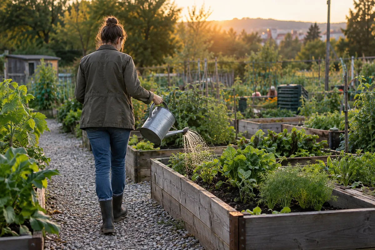 Personne de dos arrosant les bacs en bois d&rsquo;un jardin partagé