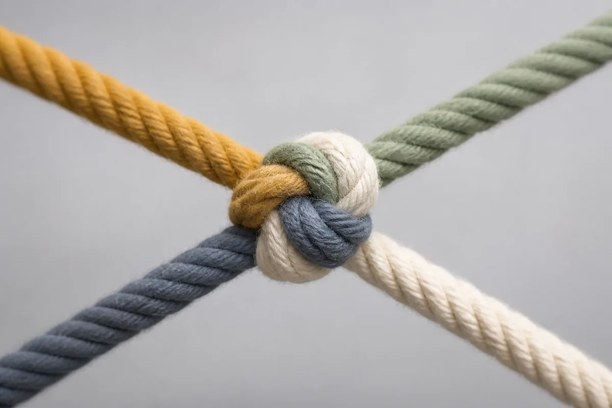 Quatre cordes de couleurs unies torsadées ensemble en un seul nœud, plan macro sur fond gris clair, lumière de studio douce