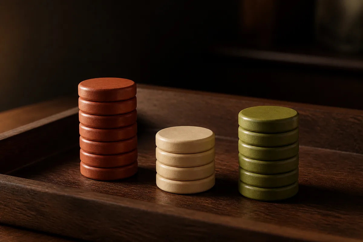 Trois piles de jetons de bois de hauteurs différentes alignées sur une table sombre, faible profondeur de champ, lumière latérale chaude