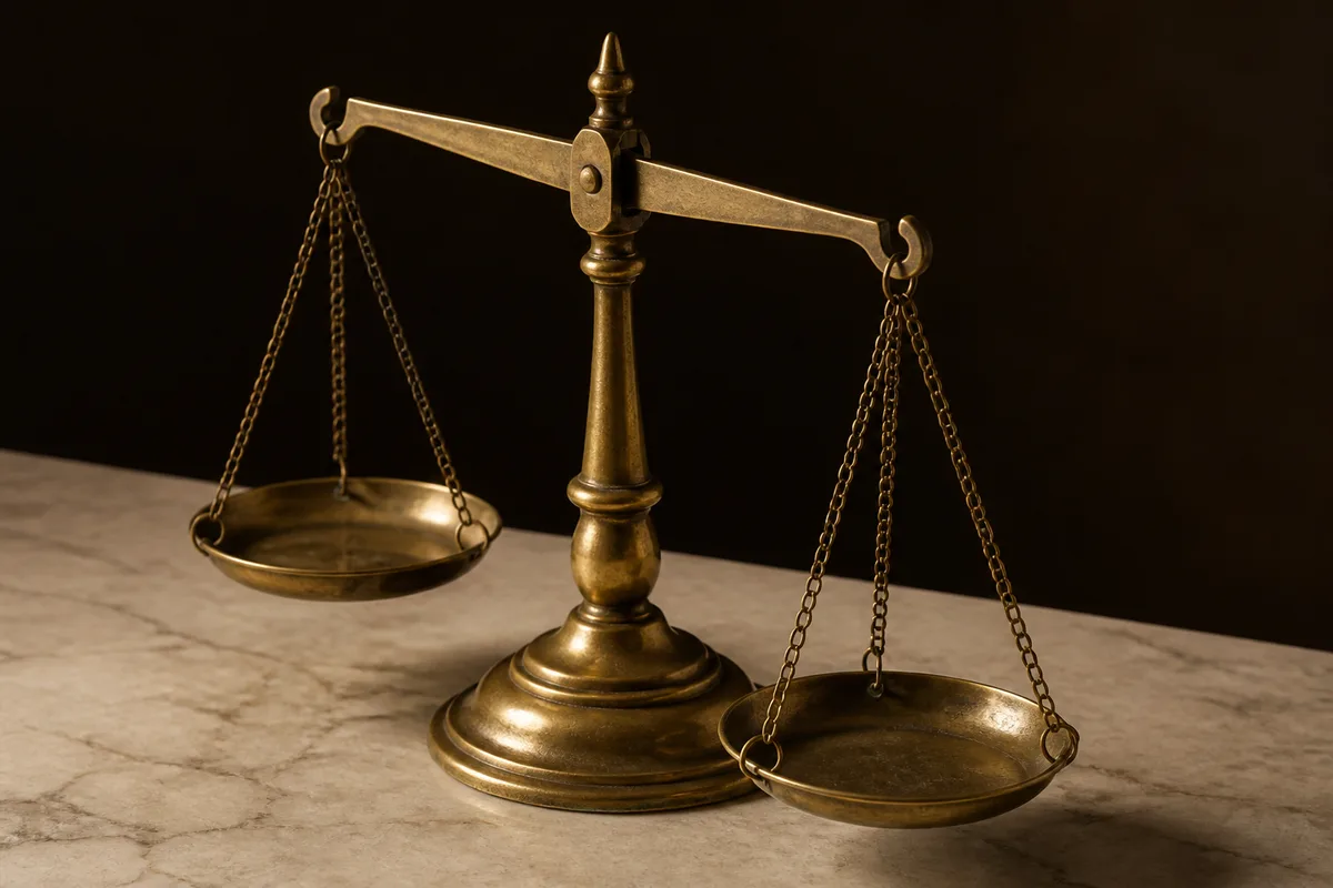 Balance ancienne en laiton à deux plateaux vides sur un plan de travail en pierre claire, lumière latérale douce, arrière-plan sombre