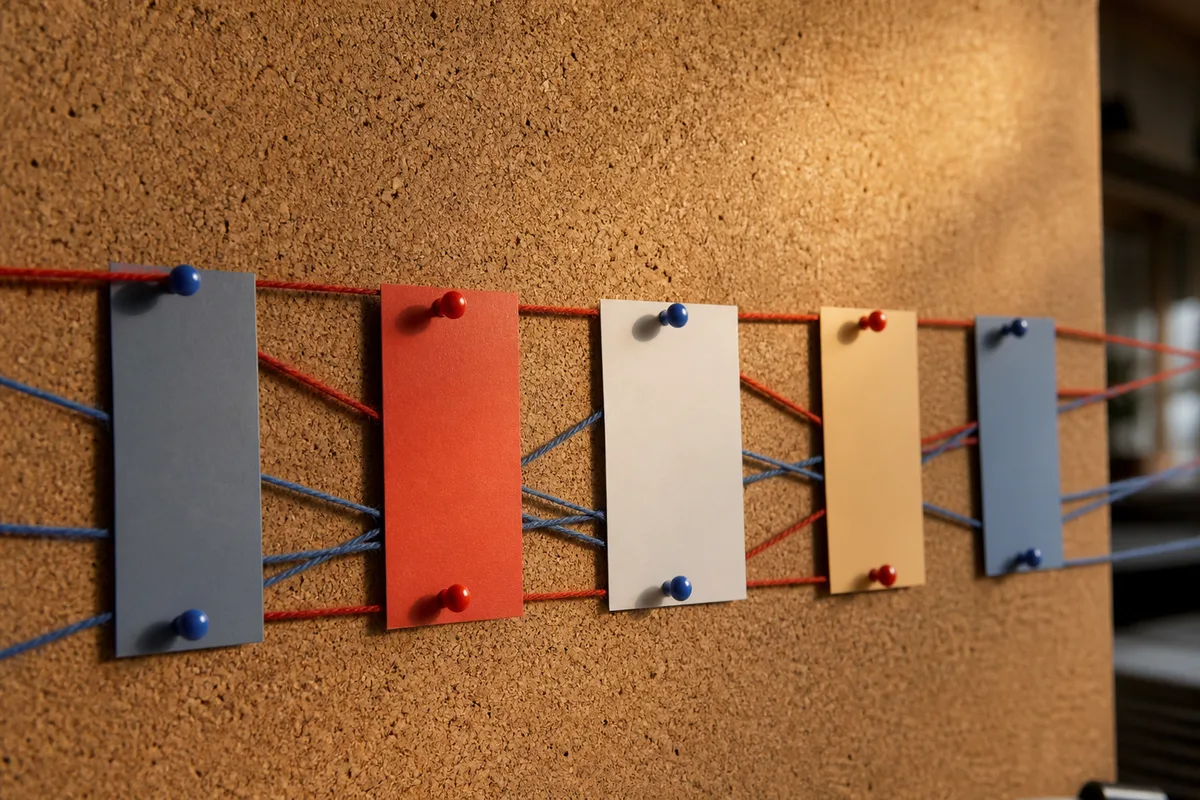 Fiches cartonnées de couleurs unies reliées par des fils de laine tendus sur un panneau de liège