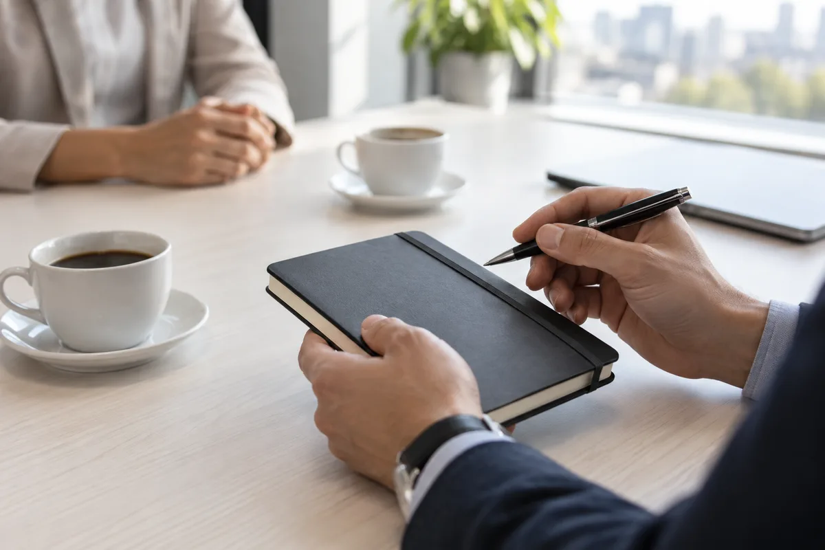Mains tenant un carnet fermé et un stylo au-dessus d’une table de réunion claire avec deux tasses de café