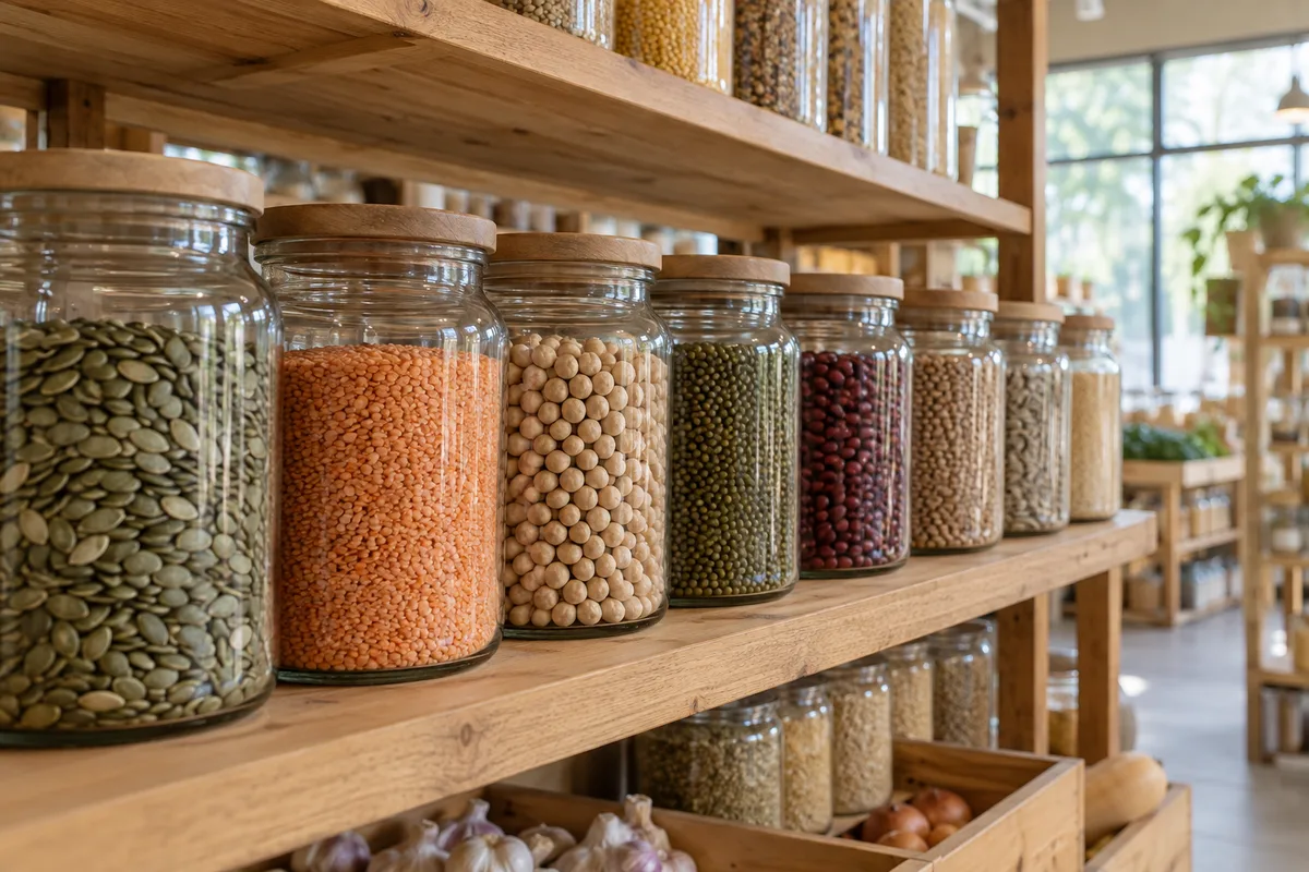 Bocaux en verre remplis de graines et de légumineuses alignés sur une étagère en bois dans une épicerie
