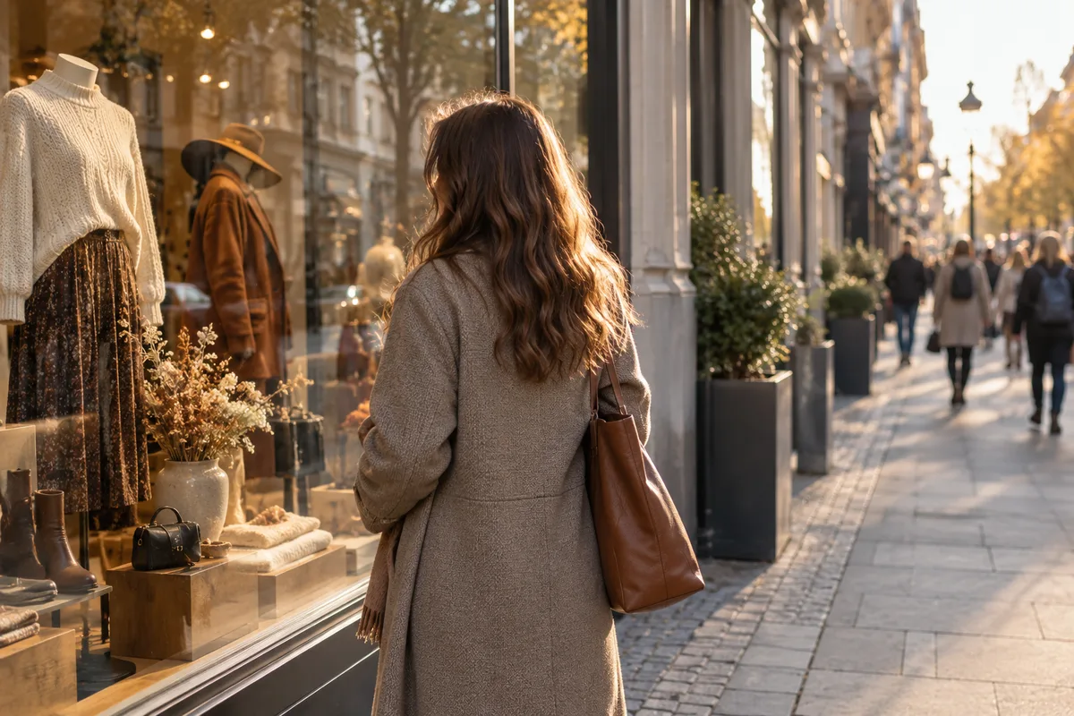 Personne vue de dos devant la vitrine d’un magasin dans une rue commerçante en fin d’après-midi