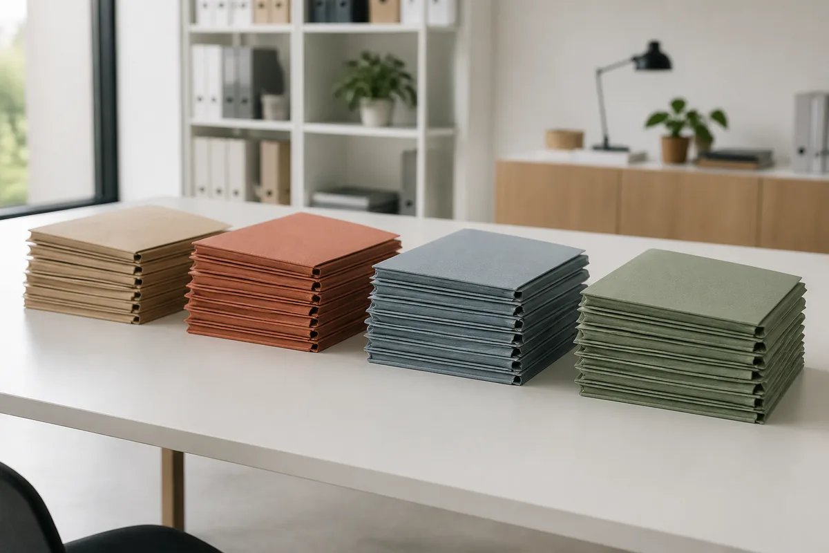 Quatre piles de dossiers cartonnés de teintes unies alignées sur une longue table blanche, vue de trois quarts, bureau flou en arrière-plan