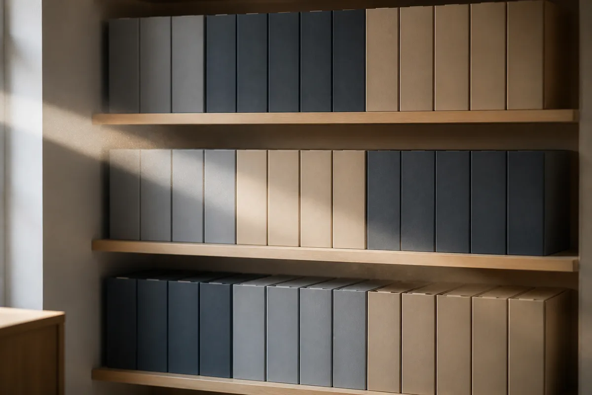Rayonnage de bureau en bois clair garni de boîtes d&rsquo;archives à dos unis, lumière naturelle rasante, poussière en suspension dans le rai de lumière