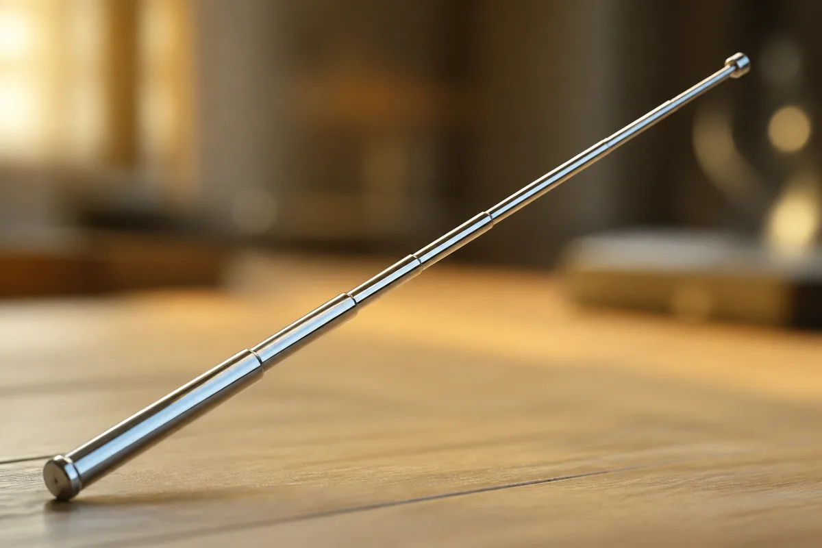 Antenne radio ancienne en métal brossé posée sur un plan de travail en béton ciré, plan rapproché, lumière latérale contrastée, fond sombre et uni
